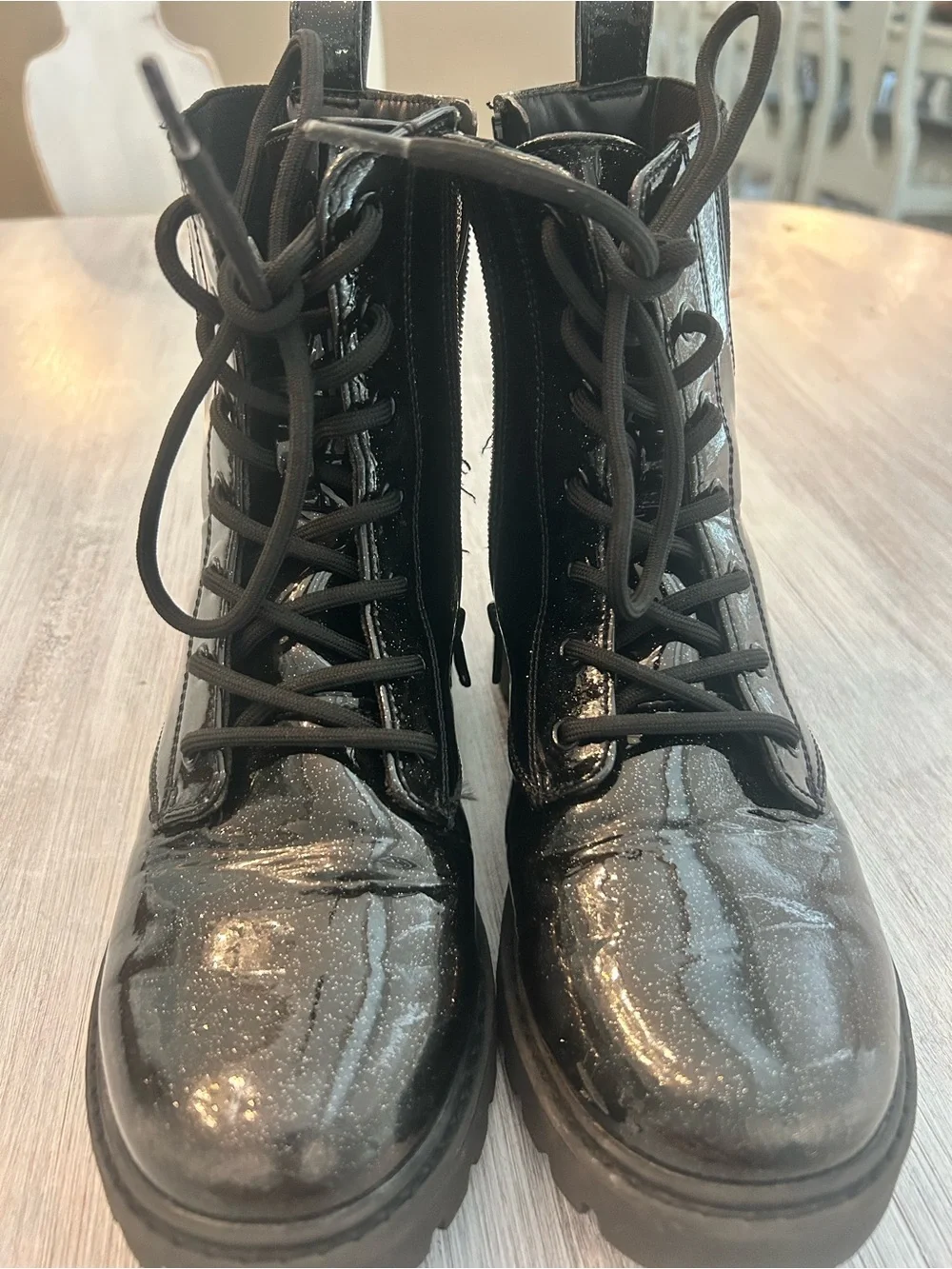 Art Class Black Glitter Combat Boots Girls Size 4 Lace-Up Lug Sole